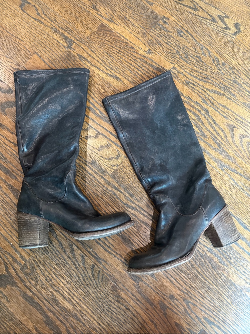 FIORENTINI & BAKER Dark Brown Leather Stacked Heel Tall Boots